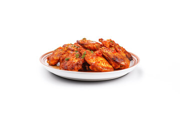 Wall Mural - A plate of baked chicken wings in the asian style and tomatoes sauce, food photography isolated on white background. Created with Generative AI Technology