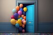 3D render of colorful balloons floating through blue door
