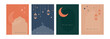 Collection of Ramadan Mubarak and eid al fitr greeting cards with minimal boho design, moon, mosque dome and lanterns