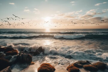 Canvas Print - Flying seagulls above the ocean. Generative AI