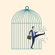 © Orapun - Man employee break the giant cage in flat design. Tired and unhappy company worker step out of comfort zone. Freedom need.