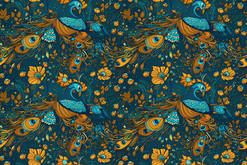 Wall Mural - seamless pattern with birds peacocks with feathers. generative ai illustration