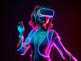 Wall Mural - Young woman with neon lights wearing VR headset, dancing and experiencing virtual reality simulation, metaverse and fantasy world.