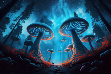 Wall Mural - A Journey into the Unknown: A Vibrant, Trippy Forest. Generative Ai