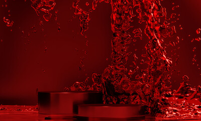 Wall Mural - the product display stand and red water splashing on background.