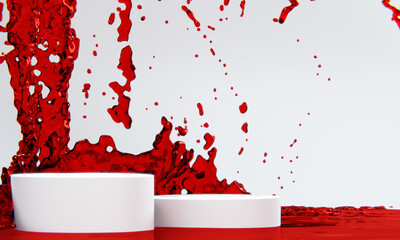 Wall Mural - the product display stand and red water splashing on background.