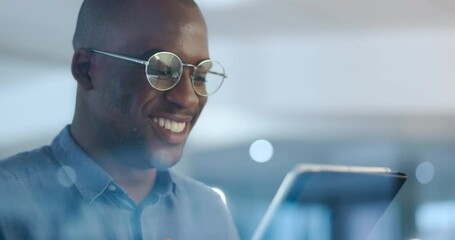 Aufkleber - Networking, smile and black man in office on tablet for web design ideas, online project and website. Communication, window and satisfied male on digital tech for research, planning and strategy