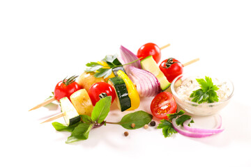 Wall Mural - vegetables grilled skewer and dipping sauce isolated on white background