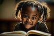 © MiguelAngel - Black child reading a book, smiling looking at camera, Ai Generative.
