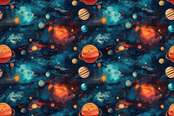 Wall Mural - seamless background pattern with cosmos, stars, planets. generative ai illustration