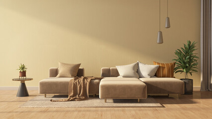 Wall Mural - Brown sofa and yellow wall in modern living room.3d rendering