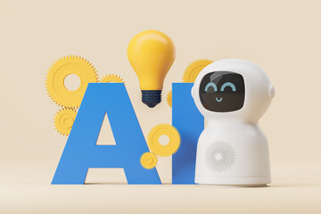 Poster - 3d rendering. Smiling cartoon robot with light bulb, AI technology and startup