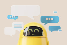 3d Rendering. Smiling Robot With Mock Up Texts Bubbles And Messages