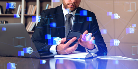 Poster - Businessman with smartphone and laptop, IOT and devices connection