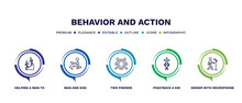 Set Of Behavior And Action Thin Line Icons. Behavior And Action Outline Icons With Infographic Template. Linear Icons Such As Helping A Man To Climb, Man And Dog, Two Friends, Piggyback A Kid,