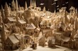 a carboard fantasy village with carboard particles falling like snow. generative AI