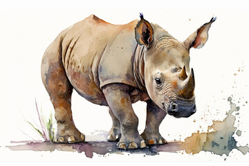 Wall Mural - Watercolor painting of a cute baby rhino. generative ai. Baby rhino. Aquarelle illustration