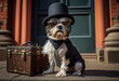 Portret cute little dog in sunglasses  with a suitcase on the background of ancient architecture,  in sun summer day