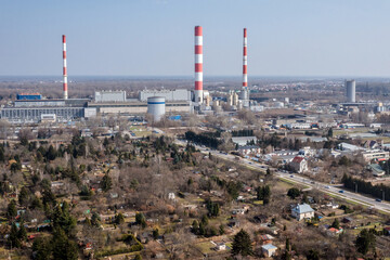 Sticker - Allotment gardens over Lake Czerniakowskie and chimneys of Sieierki Power Station in Warsaw, Poland