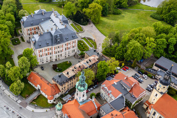 Poster - Aerial drone photo of castle and Old Town in Pszczyna city, Poland