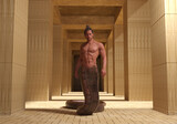 Fototapeta  - 3D Render : A human-snake hybrid male creature, half snake half human, fantasy lord male naga character with ancient architecture background, depth of field with focus on character