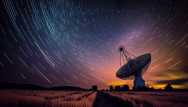 radio telescope antenna radio receiver on beautiful night sky with star trails copy space, astronomi