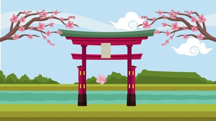 Poster - asian pagoda red arch animation