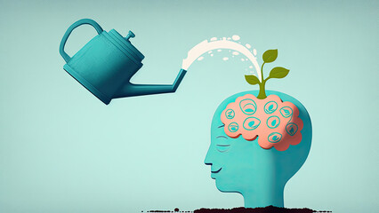 Water pouring human brain with watering can development of intelligence, study of new knowledge concept, growth of creativity, mental development and inner potential, generative AI