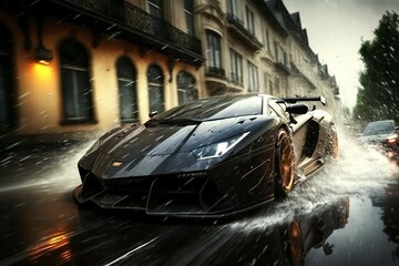 Wall Mural - illustration, super car on wet super speed road, ai generative