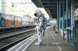 Ein Astronaut steht am Bahnsteig und wartet auf den Zug