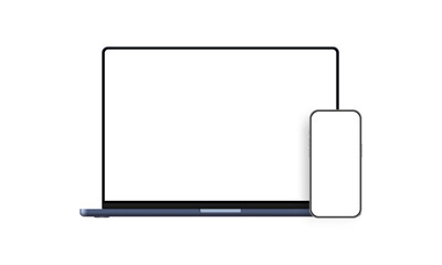 Fototapete - Laptop Dark-Blue, Smartphone With Blank Screens, Isolated on White Background. Vector Illustration