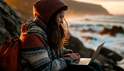 Beautiful woman working on her laptop with the sea in the background. generate by ai