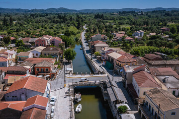 Sticker - Drone view of water canal in Lefkimmi, small town on Corfu - Kerkyra Island, Greece