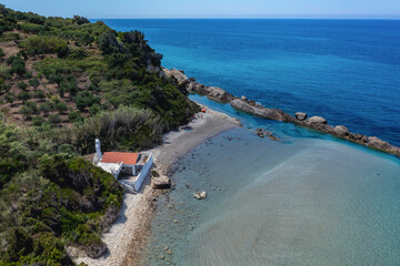 Sticker - View with Agios Nikolaos chapel in Meliteieis region of Cordu Island, Greece