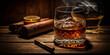 a glass of whiskey with ice on a wooden table, a steaming cuban cigar and a bottle of whiskey in a smoky atmosphere of a night bar Generative AI