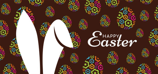 Wall Mural - Happy Easter. Banner, poster, greeting card with typography, bunny ears, and eggs. Vector illustration.