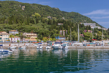 Sticker - Benitses town on the Ionian Sea shore on Corfu Island, Greece