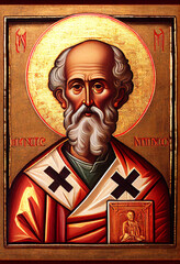 Wall Mural - Saint Nicholas, orthodox icon painted style. Digital Art Illustration. Generative Ai.