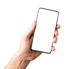 Poster - Mobile phone mock-up, smartphone screen mockup frame in male hand isolated on white background