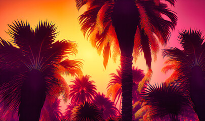 Wall Mural - A combination of palm trees and sunsets in shades of orange and pink