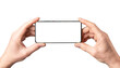 Hands holding smartphone mock-up, horizontal smart phone screen mockup frame isolated on white