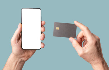 Aufkleber - Mobile phone mock-up and bank credit card mockup in male hand isolated on white background