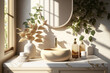 Cuarto de baño elegante minimalista con plantas decorativas y encimera de mármol, aseo moderno de lujo. Generative ai.
