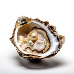 Canvas Print - Macro closeup of isolated oyster shell with imperfect pearl inside, white background, fleshy meat inside, detailed oval shaped mollusk - generative ai