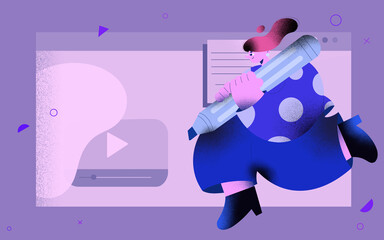Influencer content creator using website for internet marketing in flat art character graphic design illustration