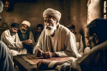 Middle East Old Muslim Wise Man Or Master Talking To His Students Or Audience. Created With Generative AI Technology.