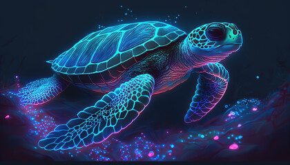 a beautiful shining neo light turtle is swimming, epic artwork, generative ai technolgy