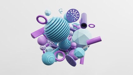 Poster - Abstract geometric shapes in different colors - 3d render. Set, composition in bright and pastel colors from objects, figures, primitives. Minimal banner, background for presentation and advertising. 