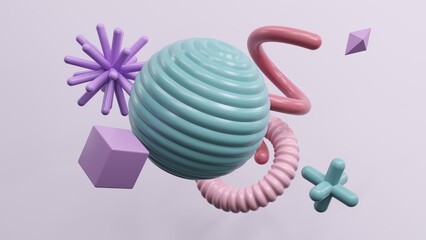 Poster - Abstract geometric shapes in different colors - 3d render. Set, composition in bright and pastel colors from objects, figures, primitives. Minimal banner, background for presentation and advertising. 