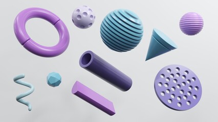 Poster - Abstract geometric shapes in different colors - 3d render. Set, composition in bright and pastel colors from objects, figures, primitives. Minimal banner, background for presentation and advertising. 